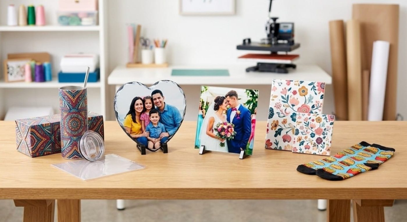 Display of custom sublimation blanks including a patterned tumbler, heart photo slate, glass photo frame, ceramic tiles, and printed socks from Kraftsentials in South Africa.
