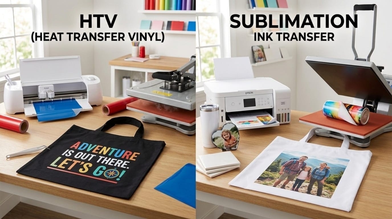 Side-by-side comparison of Heat Transfer Vinyl (HTV) crafting setup with a vinyl tote bag versus Sublimation ink transfer equipment with a full-color photo tote bag from Kraftsentials in South Africa.