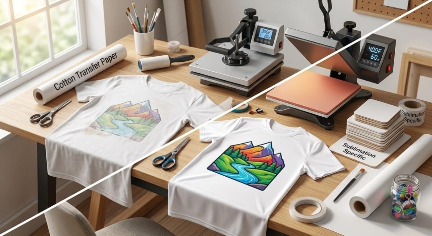 Split view of a heat press comparing a faded sublimation print on cotton versus a vibrant transfer on polyester with Kraftsentials craft supplies in South Africa.